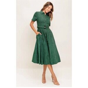 Flying Tomato Floral Jacquard Short Sleeve Cotton Midi Green Shirtdress Medium